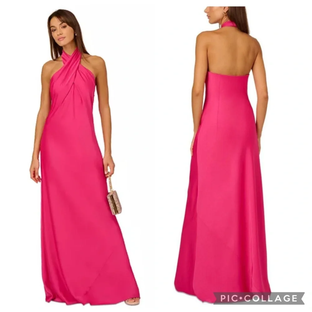 Adrianna Papell Stretch Satin Halter Gown Hot‎ Pink 10